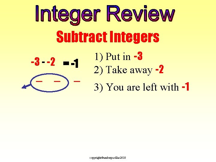 Subtract Integers -3 - -2 = -1 _ _ _ 1) Put in -3