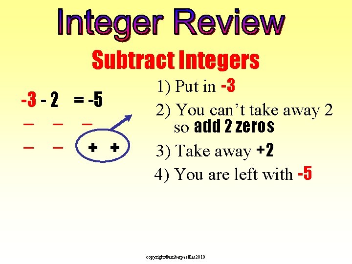 Subtract Integers -3 - 2 = -5 _ _ _ + + 1) Put