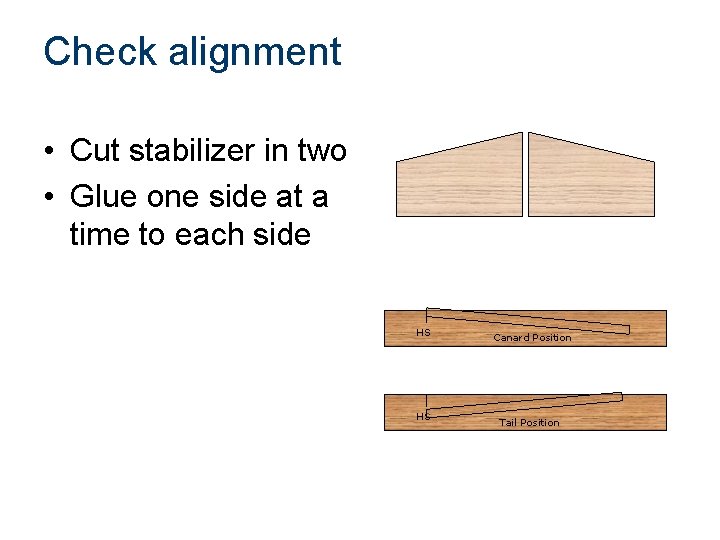 Check alignment • Cut stabilizer in two • Glue one side at a time