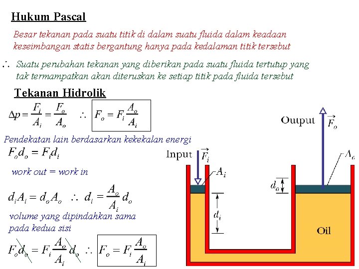 Hukum Pascal Besar tekanan pada suatu titik di dalam suatu fluida dalam keadaan keseimbangan