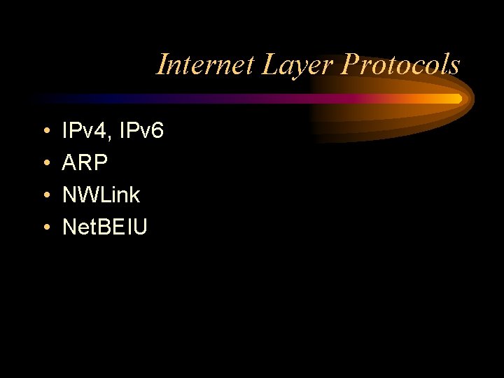 Internet Layer Protocols • • IPv 4, IPv 6 ARP NWLink Net. BEIU 