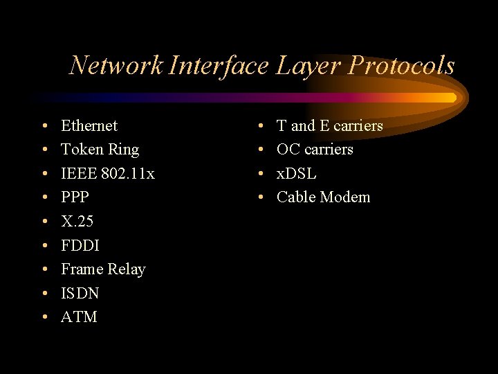 Network Interface Layer Protocols • • • Ethernet Token Ring IEEE 802. 11 x