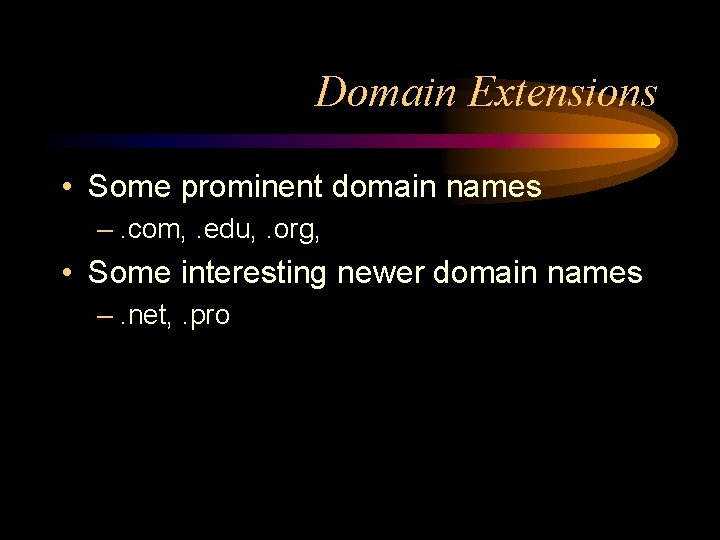 Domain Extensions • Some prominent domain names –. com, . edu, . org, •