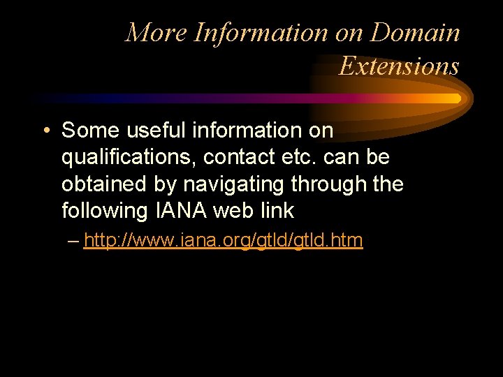 More Information on Domain Extensions • Some useful information on qualifications, contact etc. can