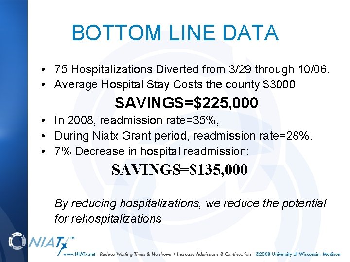 BOTTOM LINE DATA • 75 Hospitalizations Diverted from 3/29 through 10/06. • Average Hospital