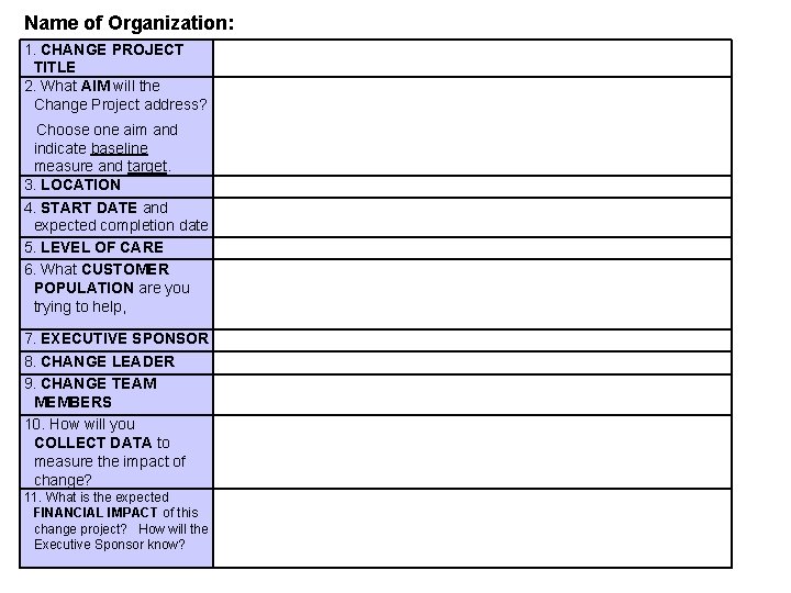 Name of Organization: 1. CHANGE PROJECT TITLE 2. What AIM will the Change Project
