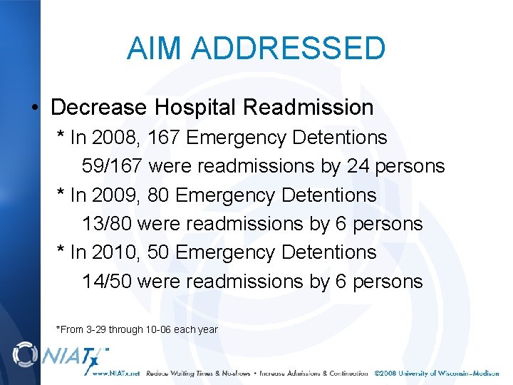 AIM ADDRESSED • Decrease Hospital Readmission * In 2008, 167 Emergency Detentions 59/167 were