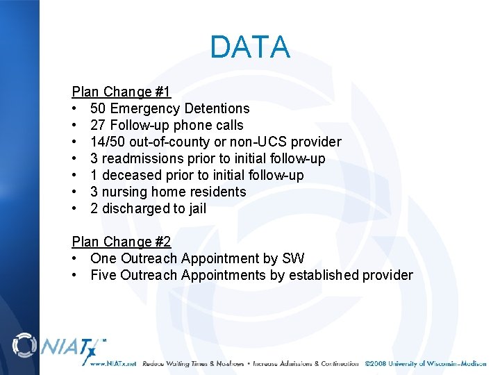 DATA Plan Change #1 • 50 Emergency Detentions • 27 Follow-up phone calls •