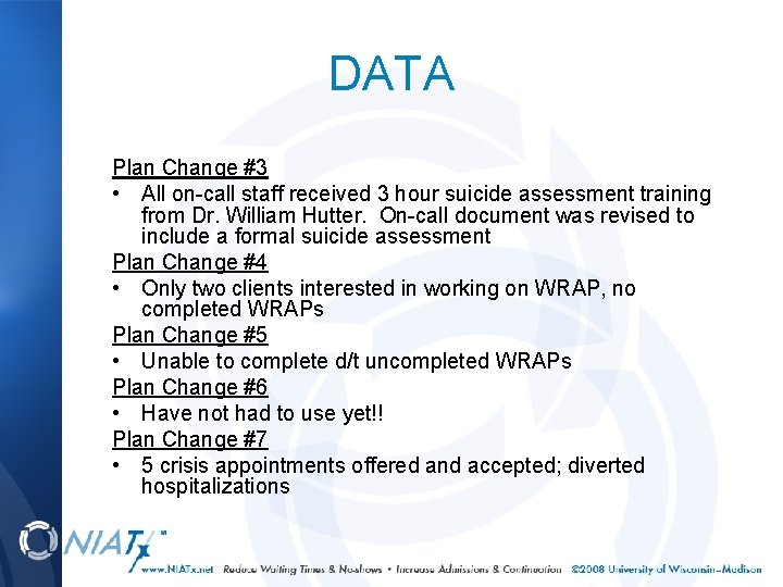DATA Plan Change #3 • All on-call staff received 3 hour suicide assessment training