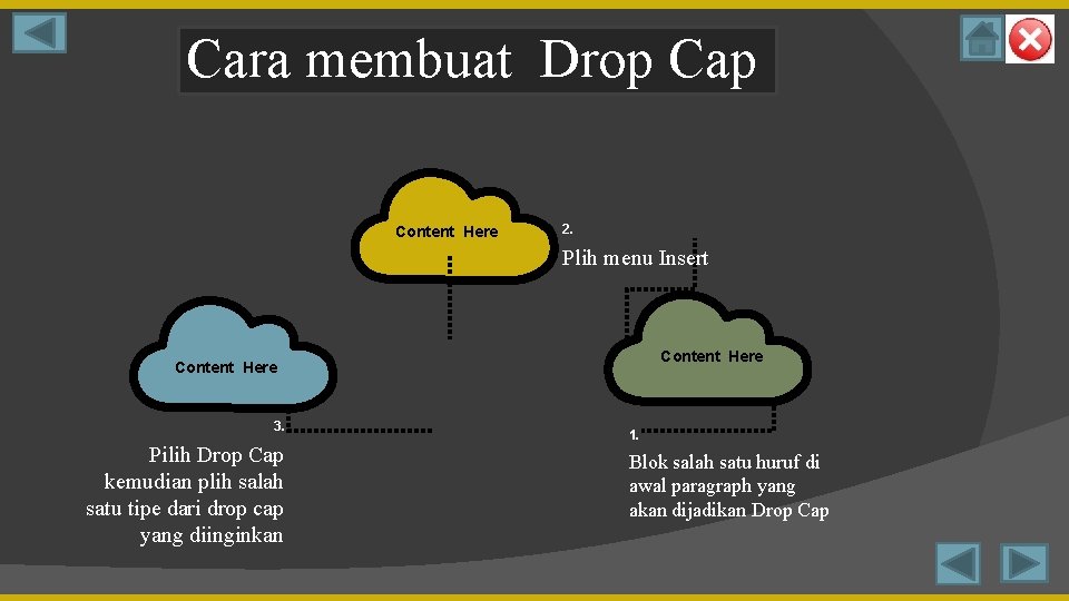 Cara membuat Drop Cap Content Here 2. Plih menu Insert Content Here 3. Pilih