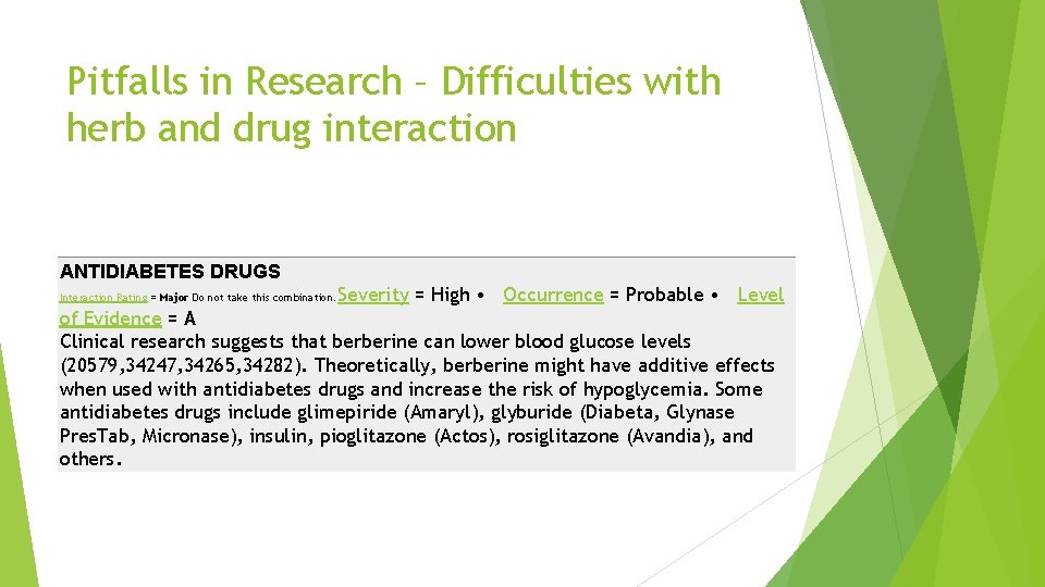 Pitfalls in Research – Difficulties with herb and drug interaction ANTIDIABETES DRUGS Interaction Rating