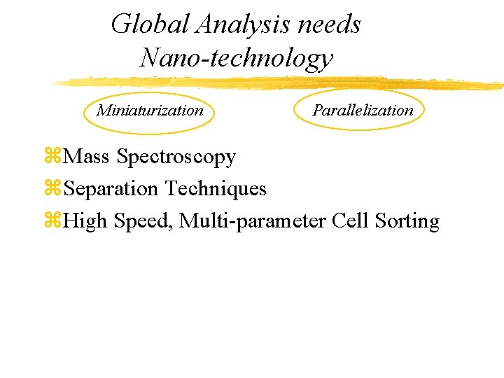 Global Analysis needs Nano-technology Miniaturization Parallelization z. Mass Spectroscopy z. Separation Techniques z. High
