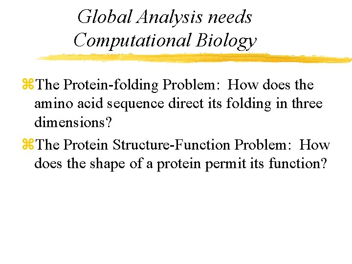 Global Analysis needs Computational Biology z. The Protein-folding Problem: How does the amino acid