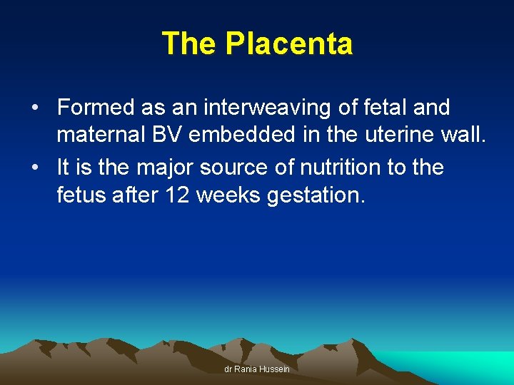 The Placenta • Formed as an interweaving of fetal and maternal BV embedded in