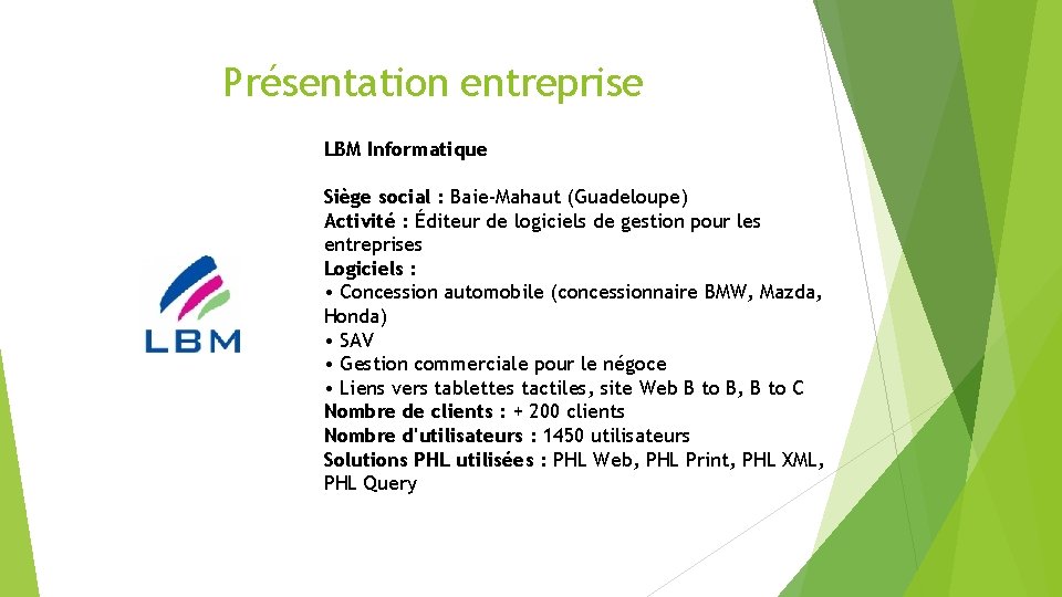 Présentation entreprise LBM Informatique Siège social : Baie-Mahaut (Guadeloupe) Activité : Éditeur de logiciels