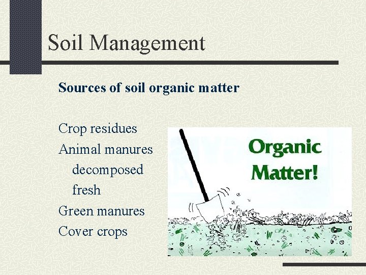 Soil Management Sources of soil organic matter Crop residues Animal manures decomposed fresh Green