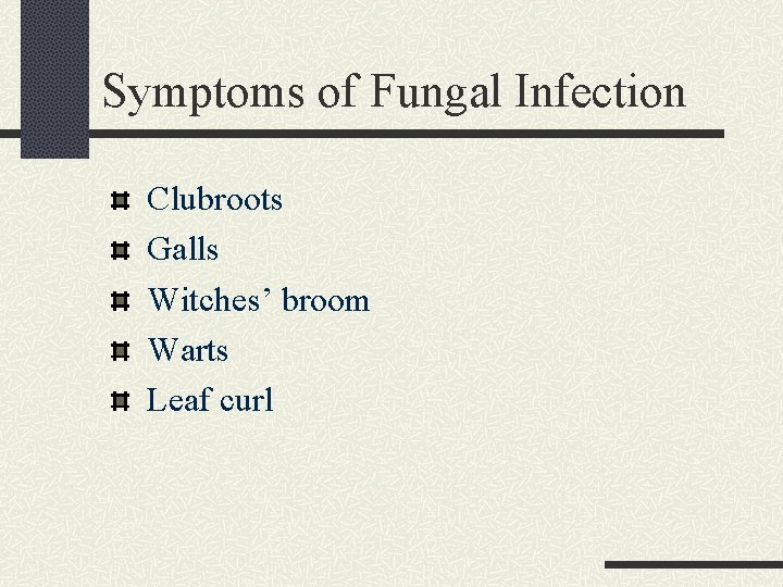 Symptoms of Fungal Infection Clubroots Galls Witches’ broom Warts Leaf curl 