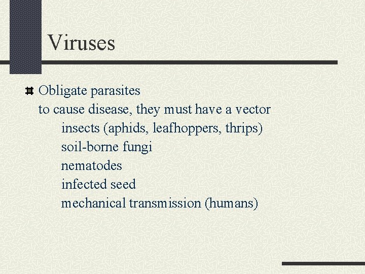 Viruses Obligate parasites to cause disease, they must have a vector insects (aphids, leafhoppers,