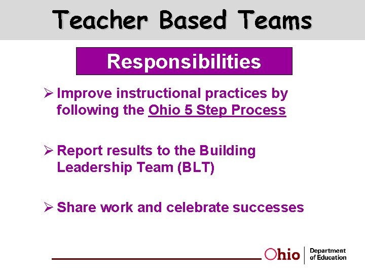 Teacher Based Teams Responsibilities Ø Improve instructional practices by following the Ohio 5 Step