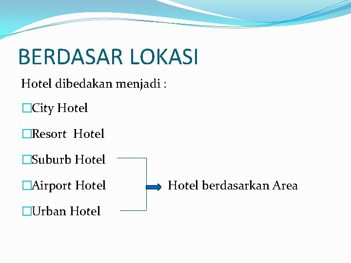 BERDASAR LOKASI Hotel dibedakan menjadi : �City Hotel �Resort Hotel �Suburb Hotel �Airport Hotel