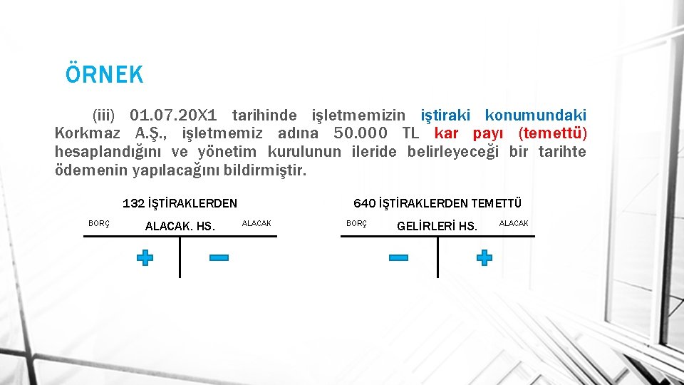 ÖRNEK (iii) 01. 07. 20 X 1 tarihinde işletmemizin iştiraki konumundaki Korkmaz A. Ş.