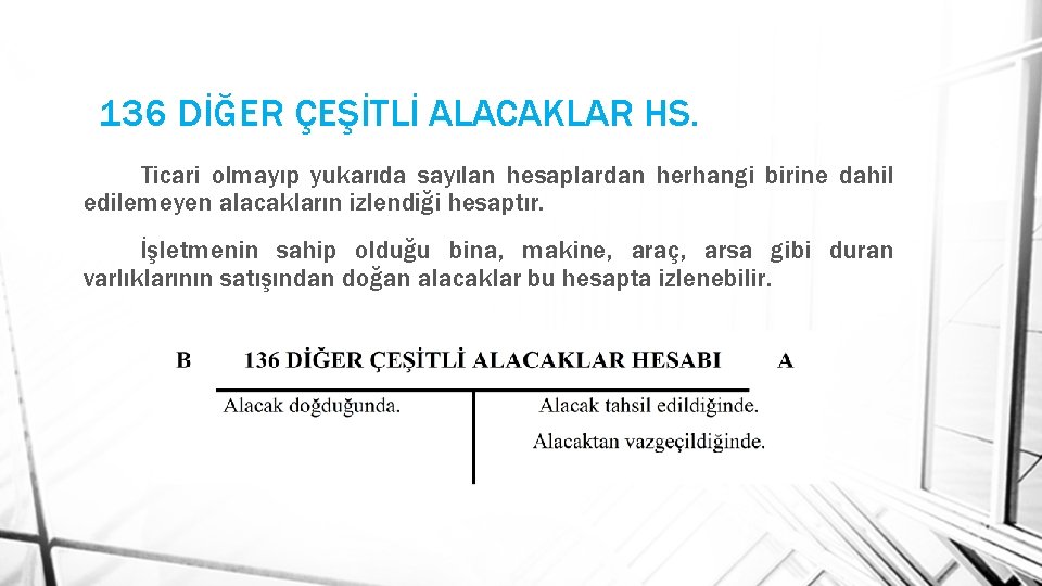 136 DİĞER ÇEŞİTLİ ALACAKLAR HS. Ticari olmayıp yukarıda sayılan hesaplardan herhangi birine dahil edilemeyen