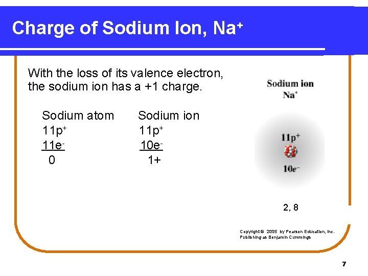 Charge of Sodium Ion, Na+ With the loss of its valence electron, the sodium