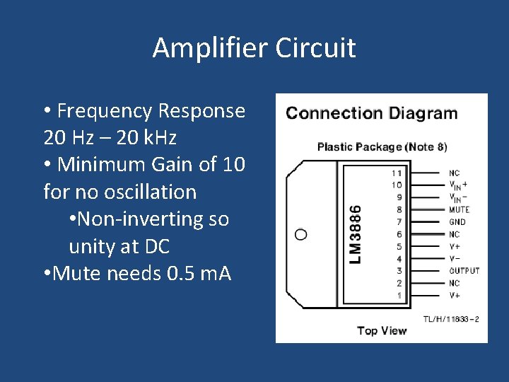 Amplifier Circuit • Frequency Response 20 Hz – 20 k. Hz • Minimum Gain