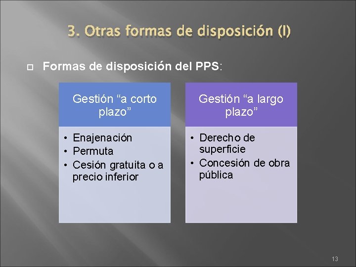 3. Otras formas de disposición (I) Formas de disposición del PPS: Gestión “a corto