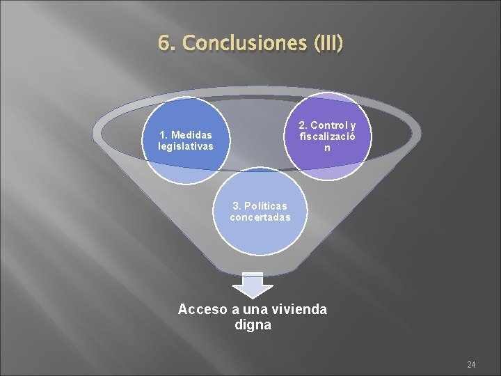 6. Conclusiones (III) 2. Control y fiscalizació n 1. Medidas legislativas 3. Políticas concertadas