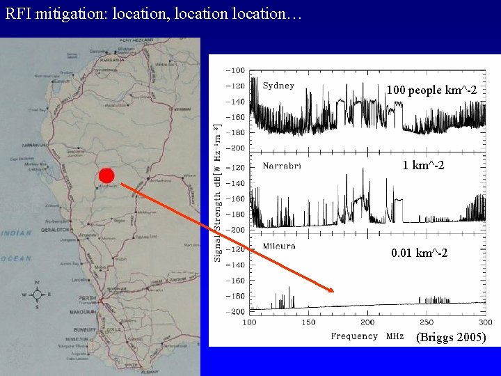 RFI mitigation: location, location… 100 people km^-2 1 km^-2 0. 01 km^-2 (Briggs 2005)