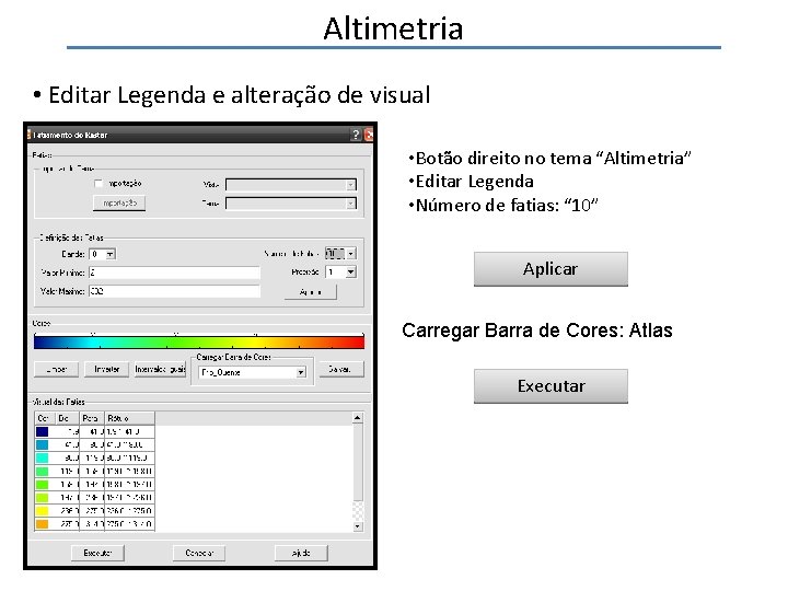 Altimetria • Editar Legenda e alteração de visual • Botão direito no tema “Altimetria”