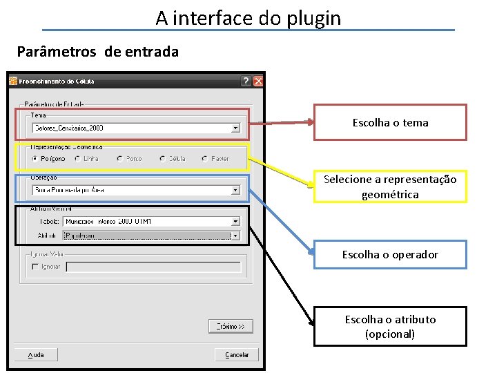 A interface do plugin Parâmetros de entrada Escolha o tema Selecione a representação geométrica