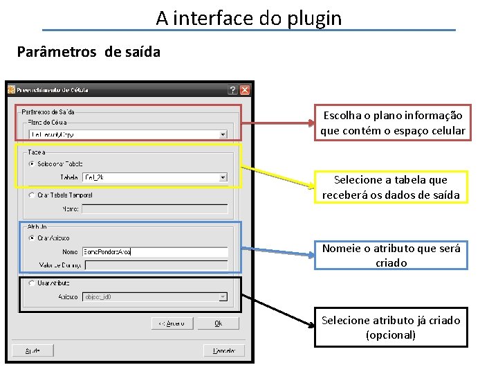 A interface do plugin Parâmetros de saída Escolha o plano informação que contém o