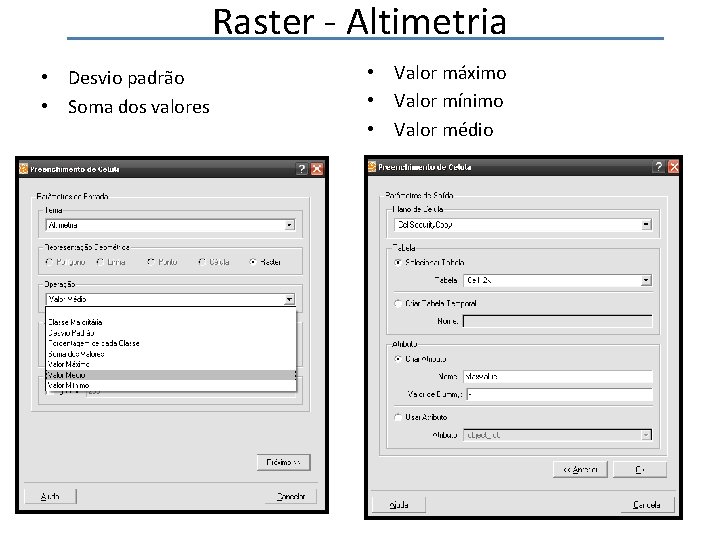 Raster - Altimetria • Desvio padrão • Soma dos valores • Valor máximo •