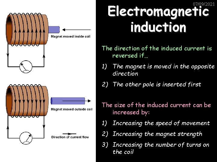 Electromagnetic induction 07/09/2021 The direction of the induced current is reversed if… 1) The
