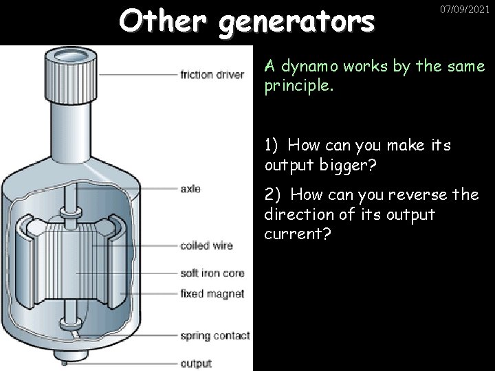 Other generators 07/09/2021 A dynamo works by the same principle. 1) How can you