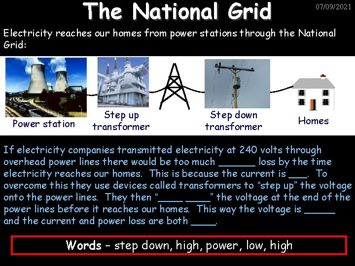 The National Grid 07/09/2021 Electricity reaches our homes from power stations through the National