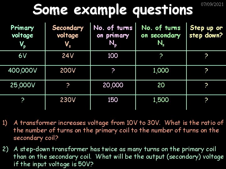Some example questions 07/09/2021 Primary voltage Vp Secondary voltage Vs No. of turns on