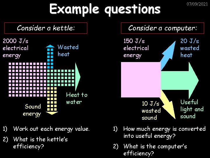 Example questions Consider a kettle: 2000 J/s electrical energy Sound energy Wasted heat Heat
