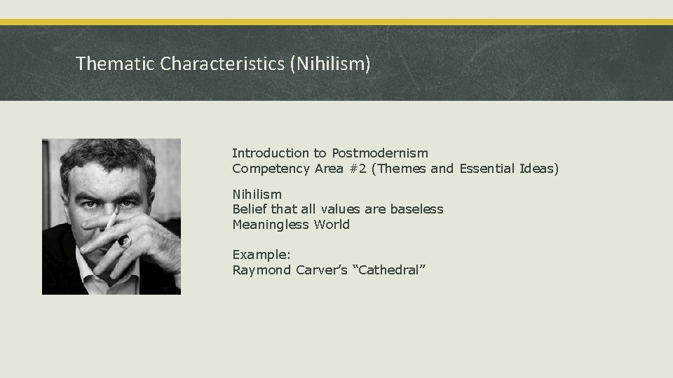 Thematic Characteristics (Nihilism) Introduction to Postmodernism Competency Area #2 (Themes and Essential Ideas) Nihilism