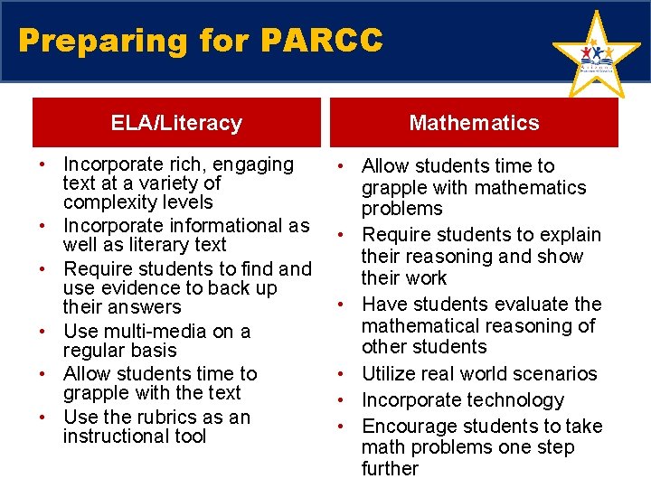Preparing for PARCC ELA/Literacy Mathematics • Incorporate rich, engaging text at a variety of