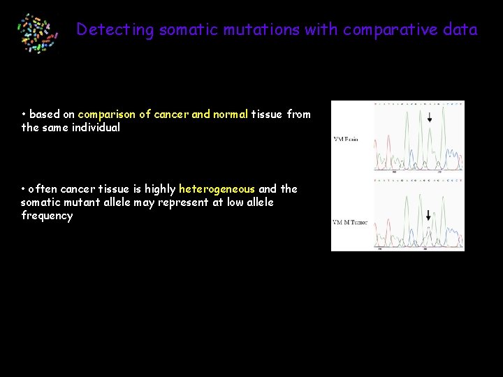 Detecting somatic mutations with comparative data • based on comparison of cancer and normal