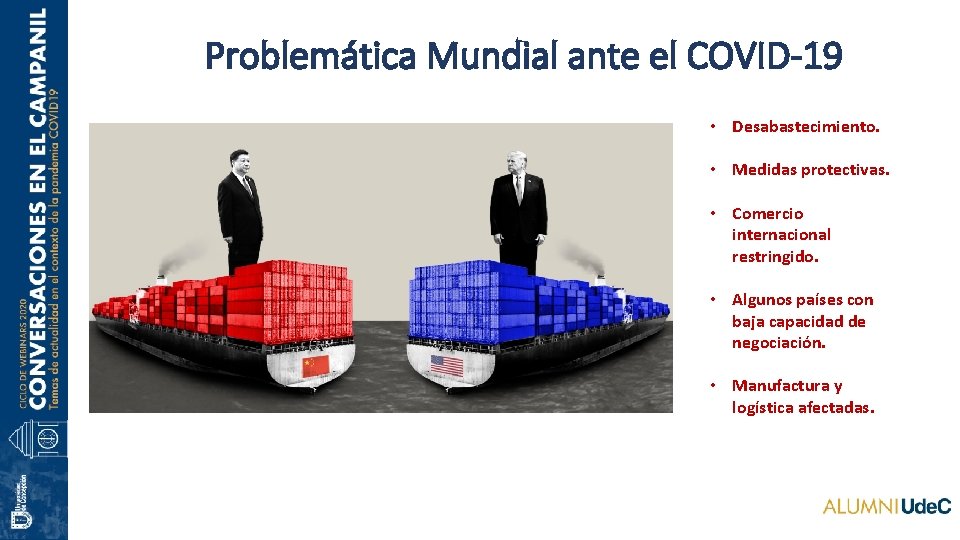 Problemática Mundial ante el COVID-19 • Desabastecimiento. • Medidas protectivas. • Comercio internacional restringido.