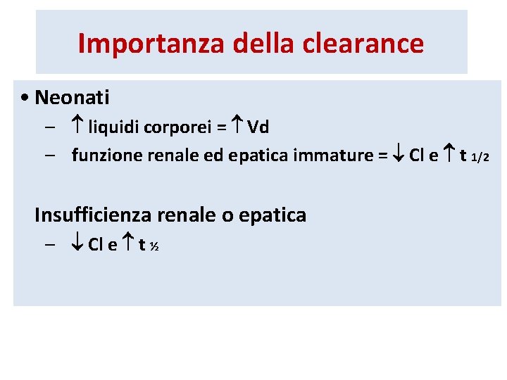 Importanza della clearance • Neonati – liquidi corporei = Vd – funzione renale ed
