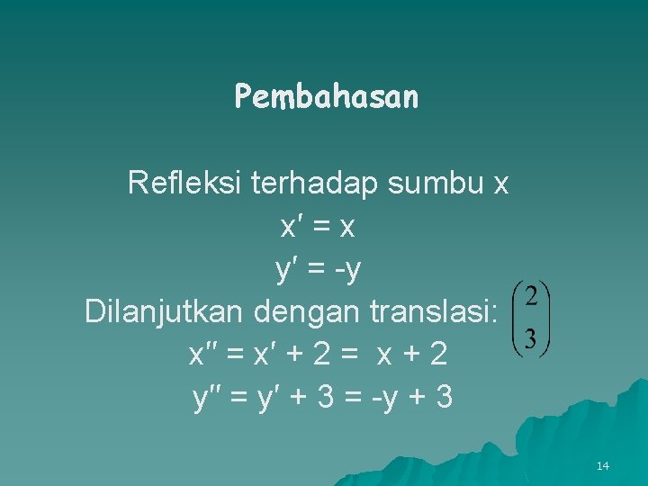 Pembahasan Refleksi terhadap sumbu x x′ = x y′ = -y Dilanjutkan dengan translasi: