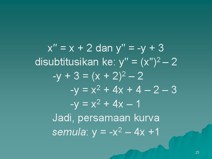 x′′ = x + 2 dan y′′ = -y + 3 disubtitusikan ke: y′′