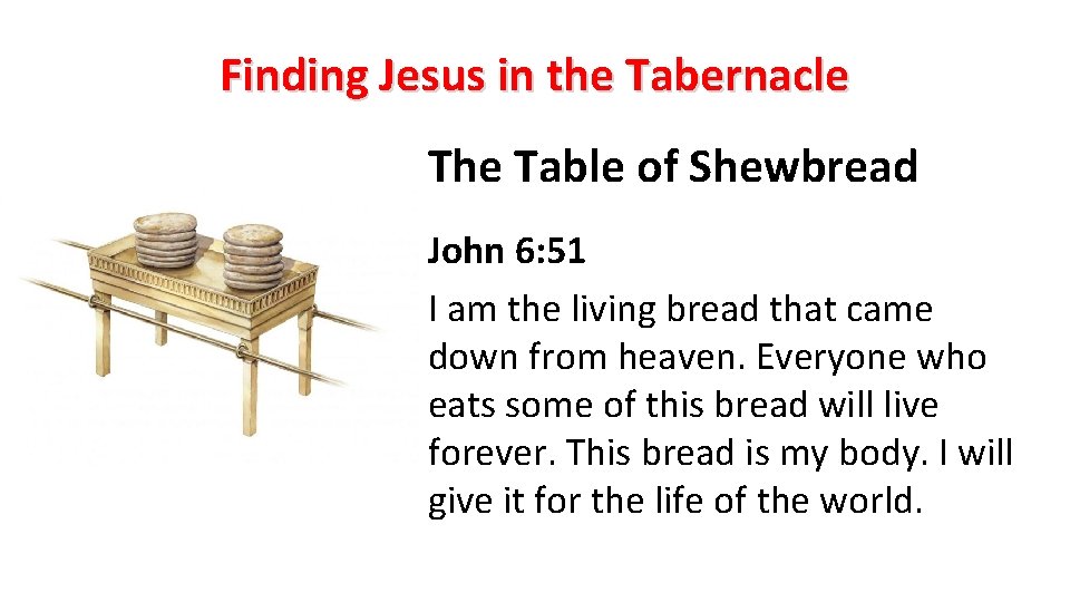 Finding Jesus in the Tabernacle The Table of Shewbread John 6: 51 I am