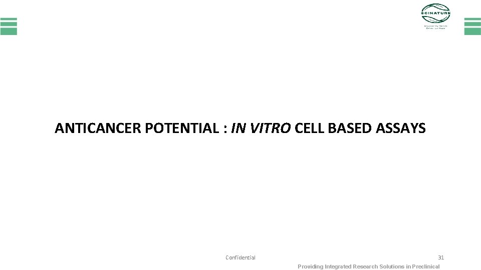 ANTICANCER POTENTIAL : IN VITRO CELL BASED ASSAYS Confidential 31 Providing Integrated Research Solutions