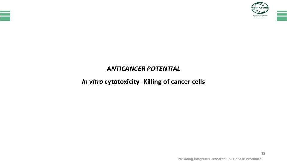 ANTICANCER POTENTIAL In vitro cytotoxicity- Killing of cancer cells 33 Providing Integrated Research Solutions